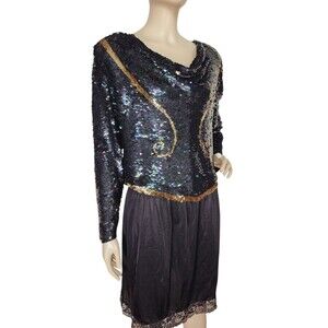 VTG Roche de Paris Art Deco Draped Sequined Cowl Neck High Shoulder Top France